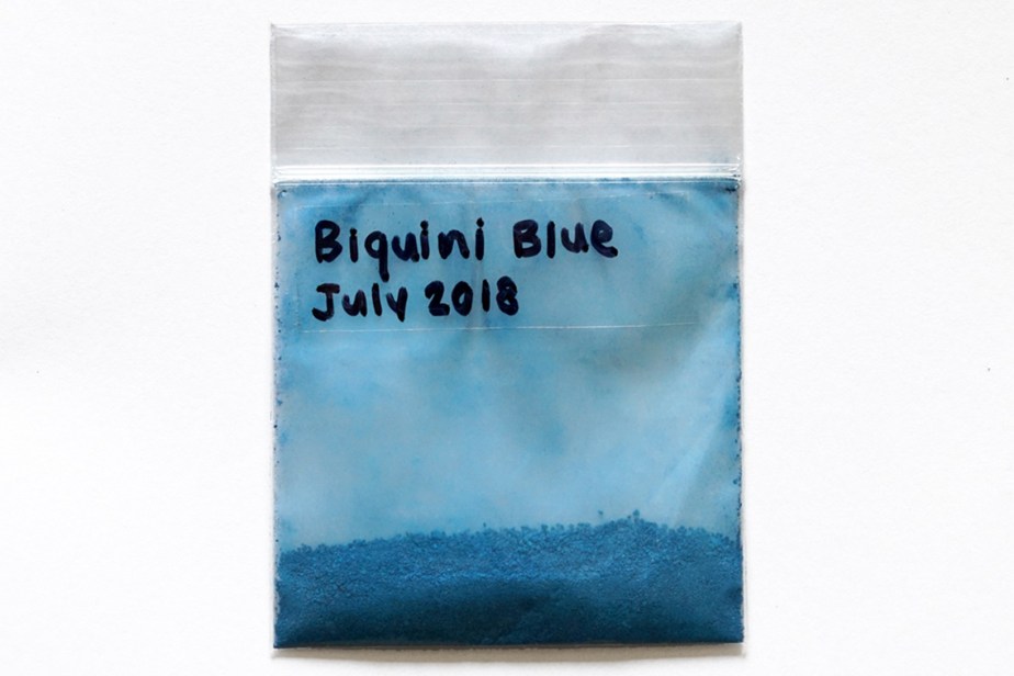 blue pigments in plastic sachet labelled biquini blue july 2018