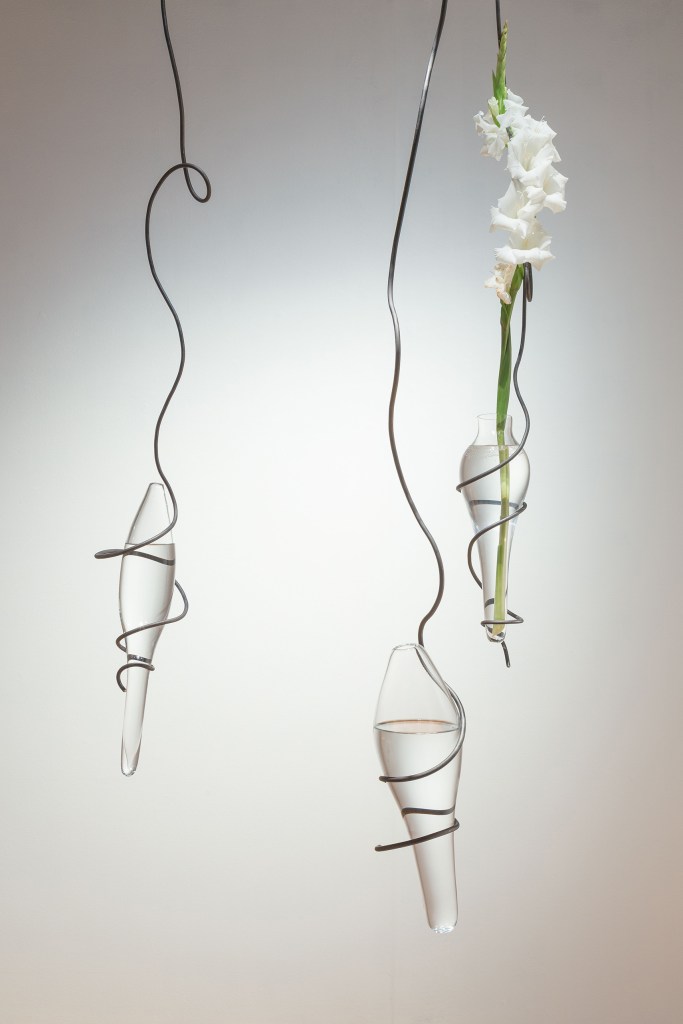 suspended blown glass sculptures and flower