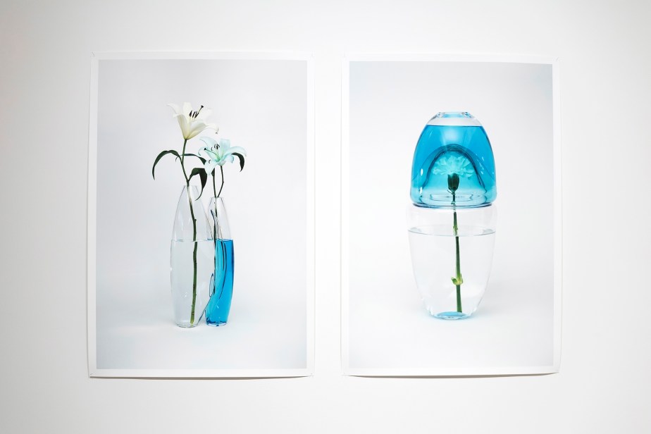 photographs of blown glass works with flowers and blue pigments